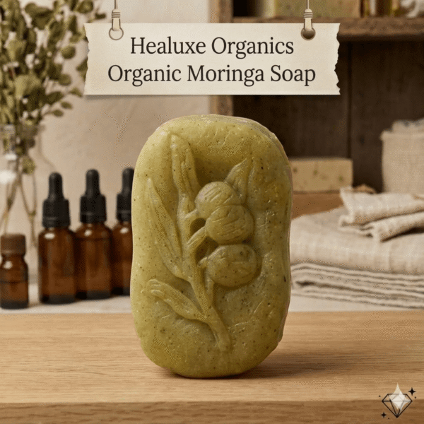 Single oval green organic moringa soap with an elegant leaf design imprint on a wooden surface.