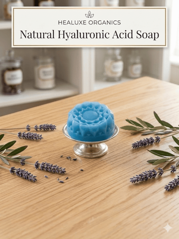 Blue flower shaped hyaluronic acid soap on stand with lavender sprigs on wood table.