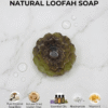 Green flower shaped natural loofah soap with niacinamide and vitamin E.