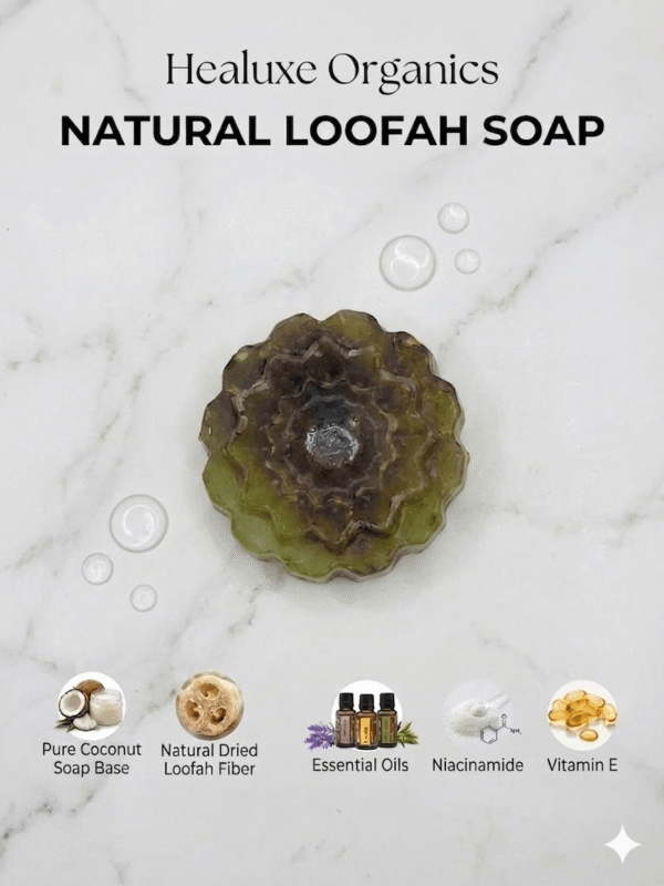 Green flower shaped natural loofah soap with niacinamide and vitamin E.