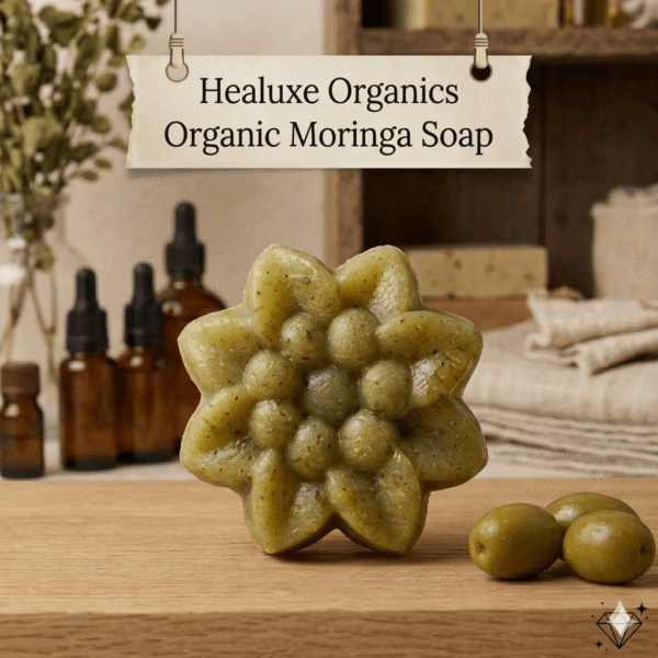 Flower shaped organic moringa soap with three green olives on a wooden table.