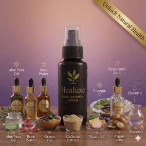 Healuxe hair growth serum bottle with organic ingredients like Hyaluronic Acid and Vitamin C.