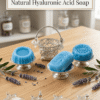 Complete collection of blue hyaluronic acid soap with silver basket and ingredient icons.