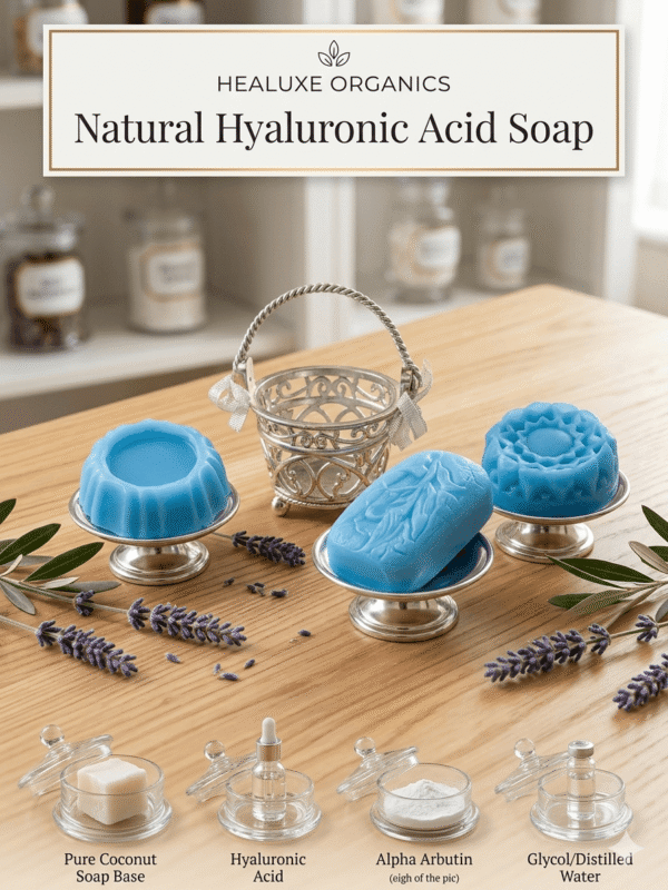 Complete collection of blue hyaluronic acid soap with silver basket and ingredient icons.