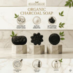 Organic charcoal soap variety with Activated Charcoal, Alpha Arbutin, and Hyaluronic Acid.