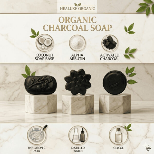 Organic charcoal soap variety with Activated Charcoal, Alpha Arbutin, and Hyaluronic Acid.