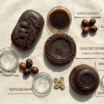 Collection of organic coffee soap in different shapes with coffee beans and extracts.