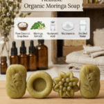 Four pieces of organic moringa soap in oval, round, and floral shapes with ingredient icons.