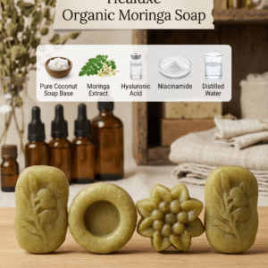 Four pieces of organic moringa soap in oval, round, and floral shapes with ingredient icons.