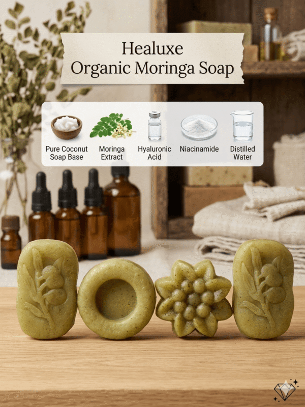 Four pieces of organic moringa soap in oval, round, and floral shapes with ingredient icons.