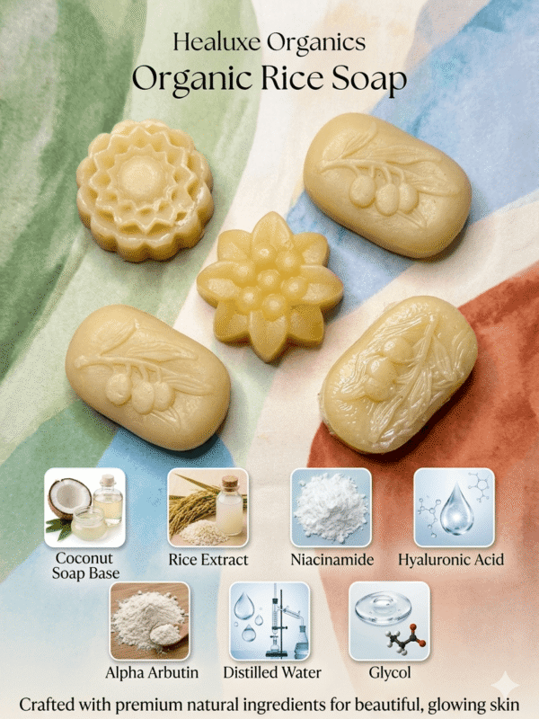 Healuxe Organic Rice Soap with Alpha Arbutin and Hyaluronic Acid for skin brightening.