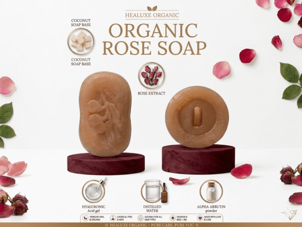Organic rose soap with petals, Hyaluronic Acid and Alpha Arbutin ingredients.