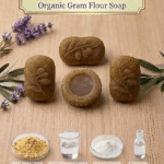 Four organic gram flour soap bars stacked vertically with besan and alpha arbutin icons below.