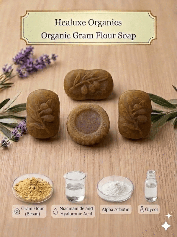 Four organic gram flour soap bars stacked vertically with besan and alpha arbutin icons below.
