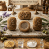 Luxury display of gram flour soap with a scroll brand banner and active ingredient bowls below.