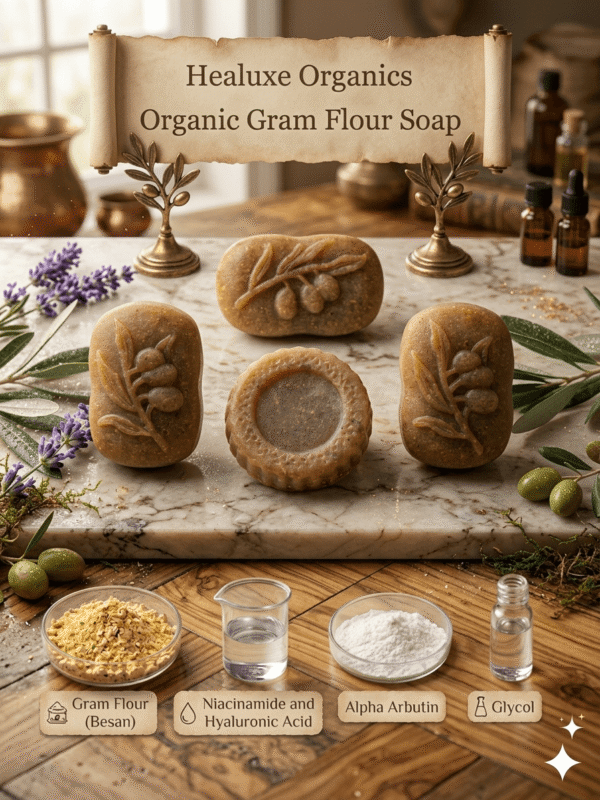 Luxury display of gram flour soap with a scroll brand banner and active ingredient bowls below.