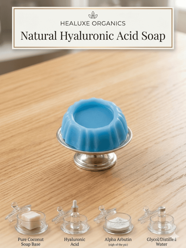 Round textured hyaluronic acid soap on stand with coconut base and alpha arbutin icons below