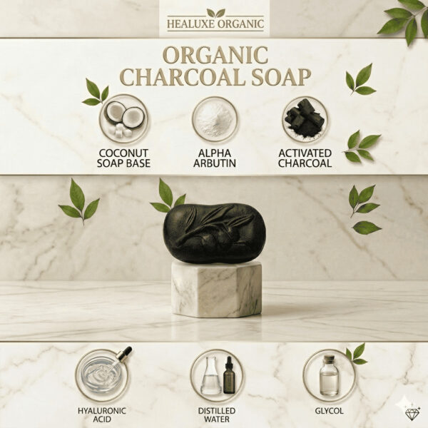 Oval organic charcoal soap with leaf imprint for acne care and skin detox.