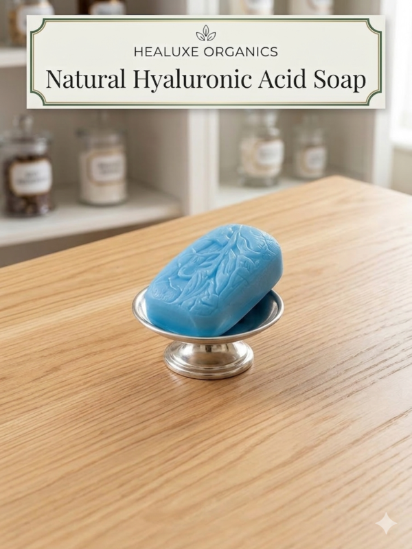 Single oval blue hyaluronic acid soap with leaf design on a silver stand.