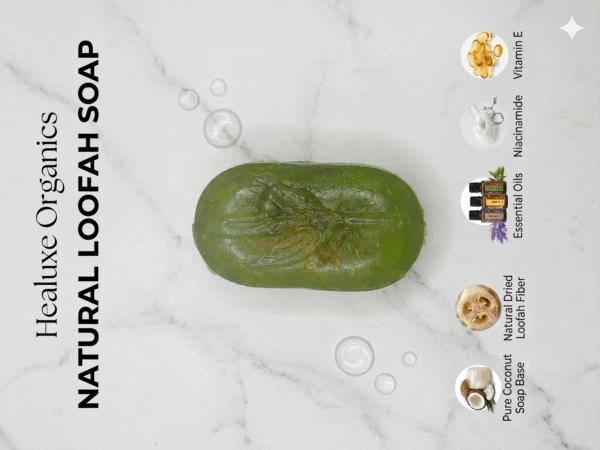 ingle oval green natural loofah soap with leaf design and coconut base.