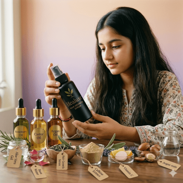 A young Pakistani woman examining Healuxe hair growth serum bottle at a display table