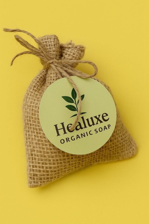 Niacinamide Soap in burlap drawstring bag with Healuxe Organics logo tag