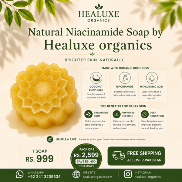 Niacinamide soap ingredients and benefits infographic - Healuxe Organics
