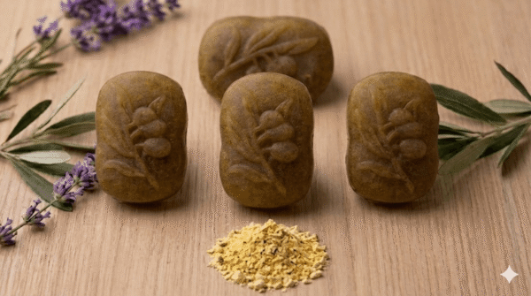 Four oval gram flour soap bars with a pile of raw besan powder on a wooden table.