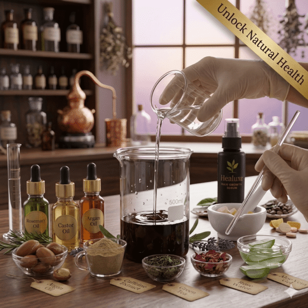Lab technician pouring natural extracts into a beaker to formulate hair growth serum.
