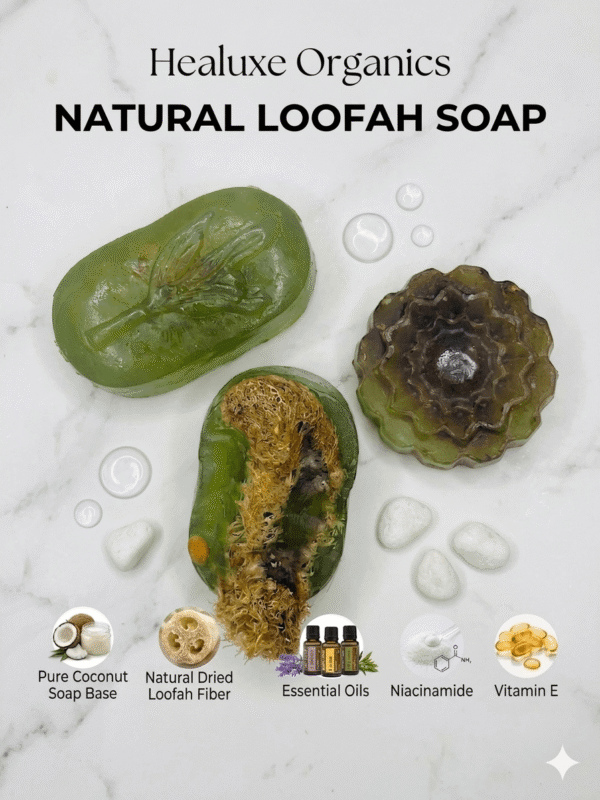 Natural loofah soap collection with ingredients like Niacinamide and Vitamin E.
