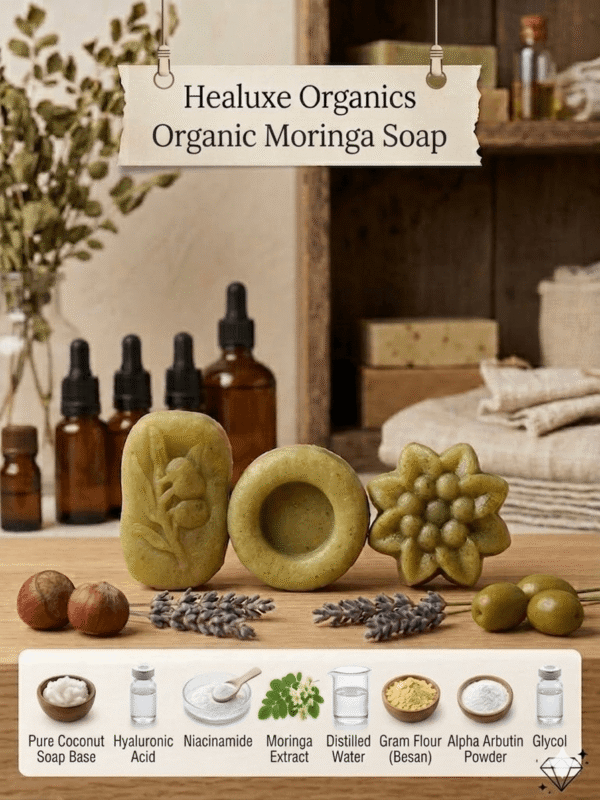 Three shapes of organic moringa soap displayed on wood with Niacinamide and Gram Flour icons below.