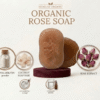 Two organic rose soaps with coconut base and distilled water infographic.