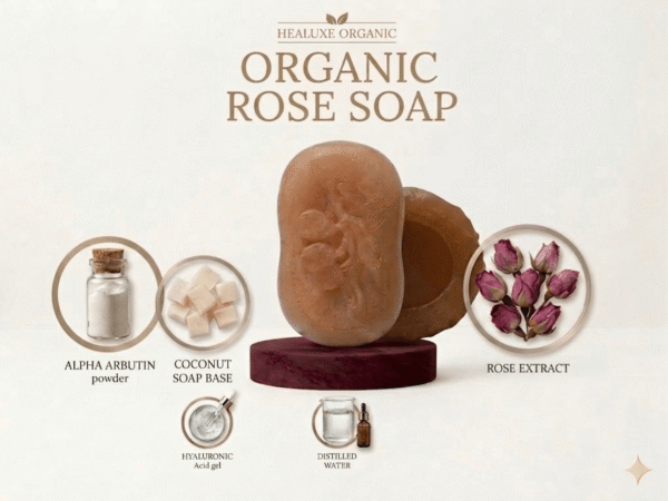 Two organic rose soaps with coconut base and distilled water infographic.