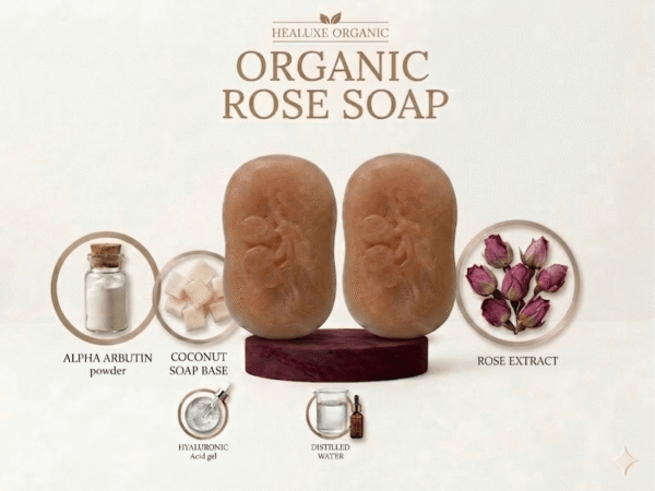 Organic rose soap with Alpha Arbutin, Rose Extract, and Hyaluronic Acid.