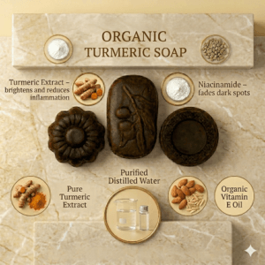 Organic turmeric soap collection with Niacinamide and Vitamin E for dark spots.