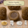 Three different shapes of organic gram flour soap surrounded by lavender sprigs and olive leaves.