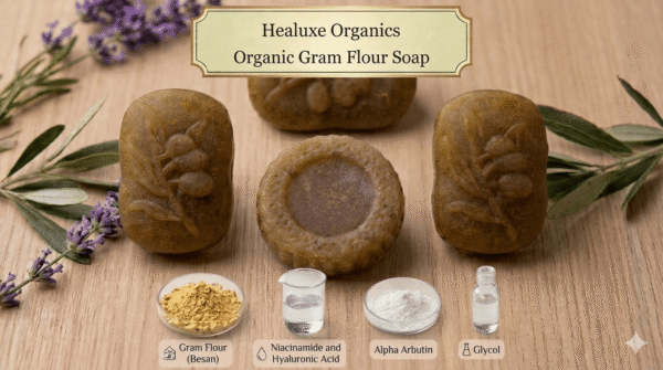 Three different shapes of organic gram flour soap surrounded by lavender sprigs and olive leaves.