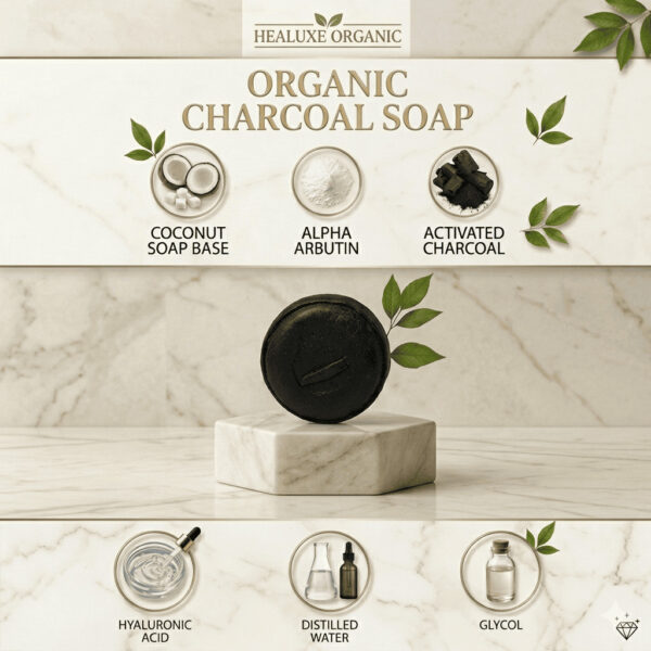 Oval organic charcoal soap with leaf imprint for acne care and skin detox.
